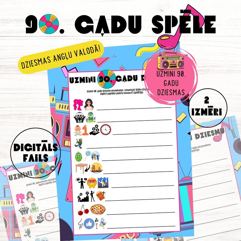 Spēle "Uzmini 90. gadu dziesmu", digitāls PDF fails